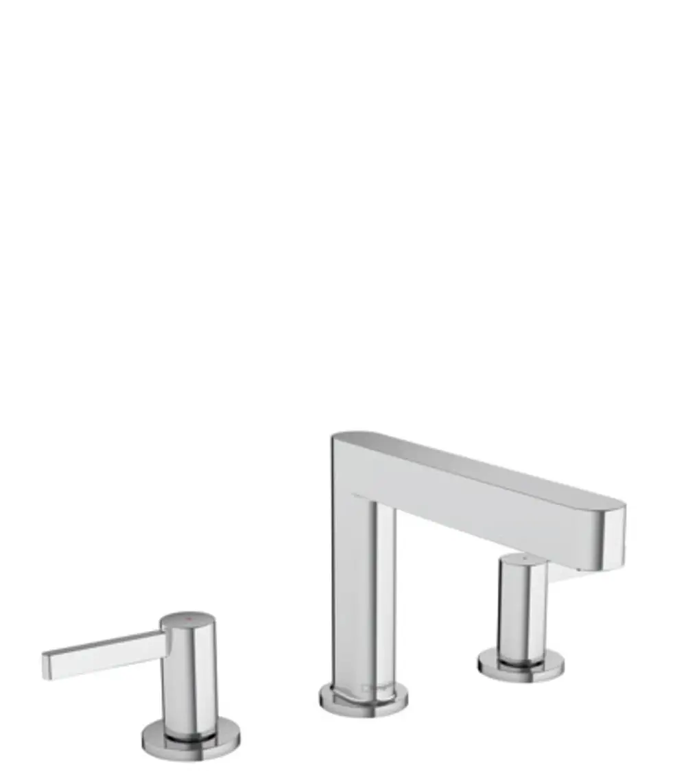 Waschtischarmatur in Chrom-Finish mit drei Komponenten: zwei Bedienhebeln und einem Wasserhahn, von der Marke Hansgrohe.
